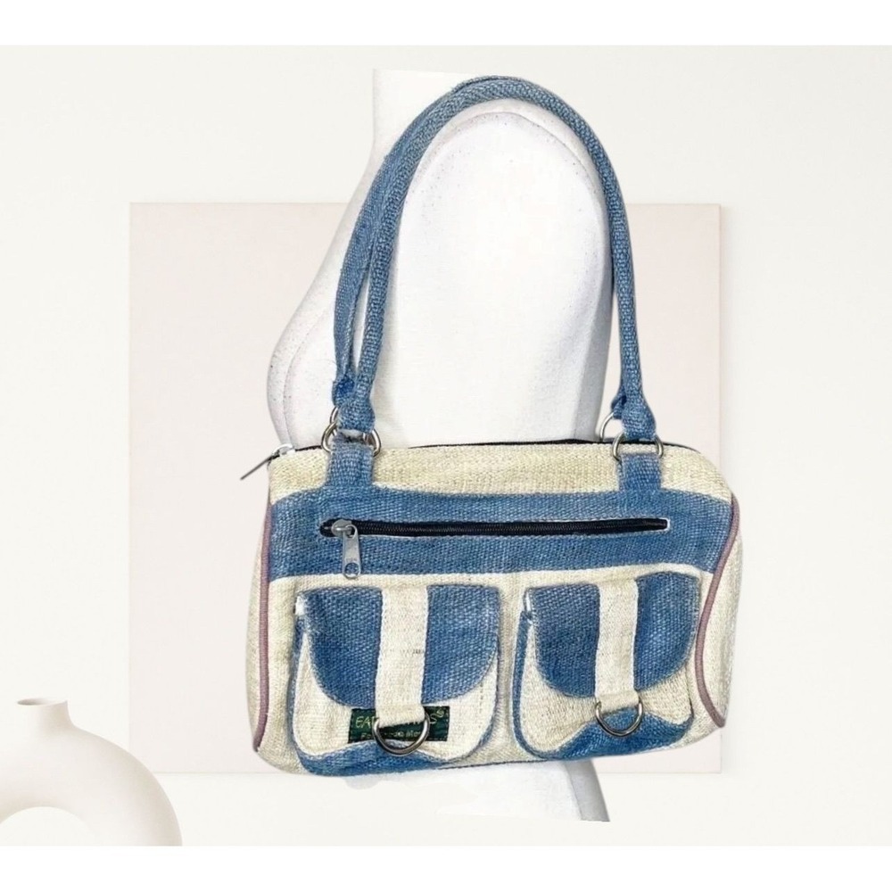 Earth Bags Hemp Shoulder Bag Blue Cream Woven Boho Eco Friendly Handbag